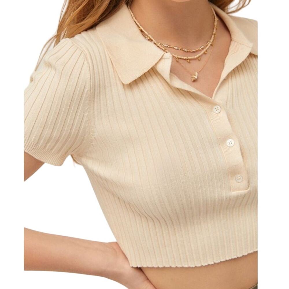 Urban Outfitters Grassy Cropped Polo Shirt Ribbed Button Front Collar Cream S
